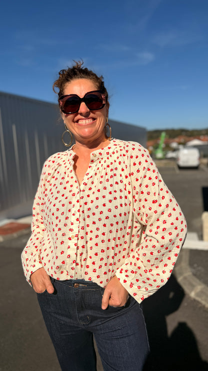 🌺Chemisier Julena – Gaze de coton blanc à fleurs rouges