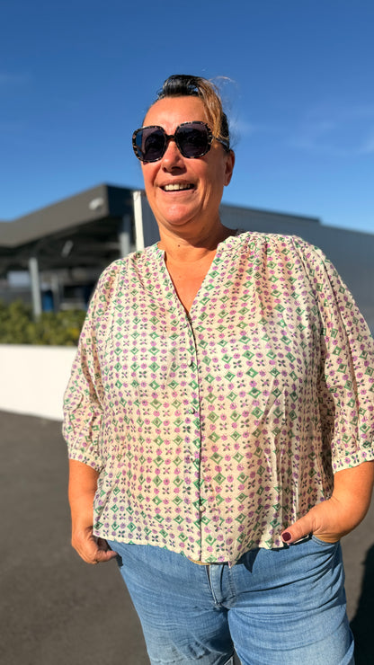 🍇Blouse Enea – Motif lilas et vert