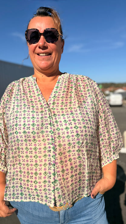 🍇Blouse Enea – Motif lilas et vert