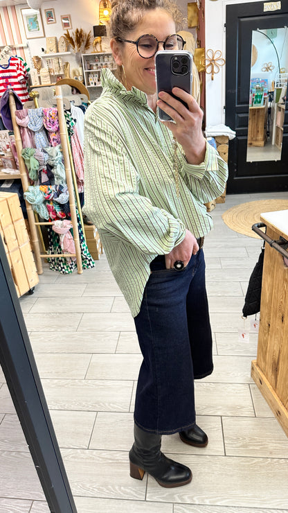 🌿 Chemise Lydie rayée kaki amande – Col victorien