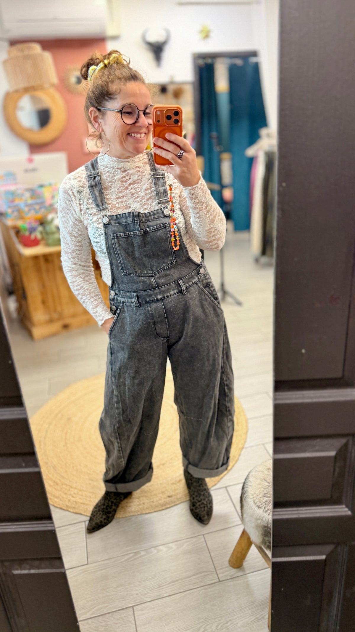 🩶Salopette Charline gris anthracite – En jean femme coupe barrel