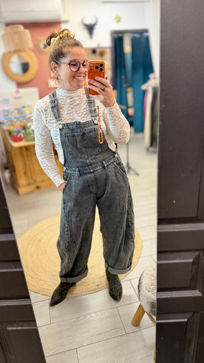 🩶Salopette Charline gris anthracite – En jean femme coupe barrel