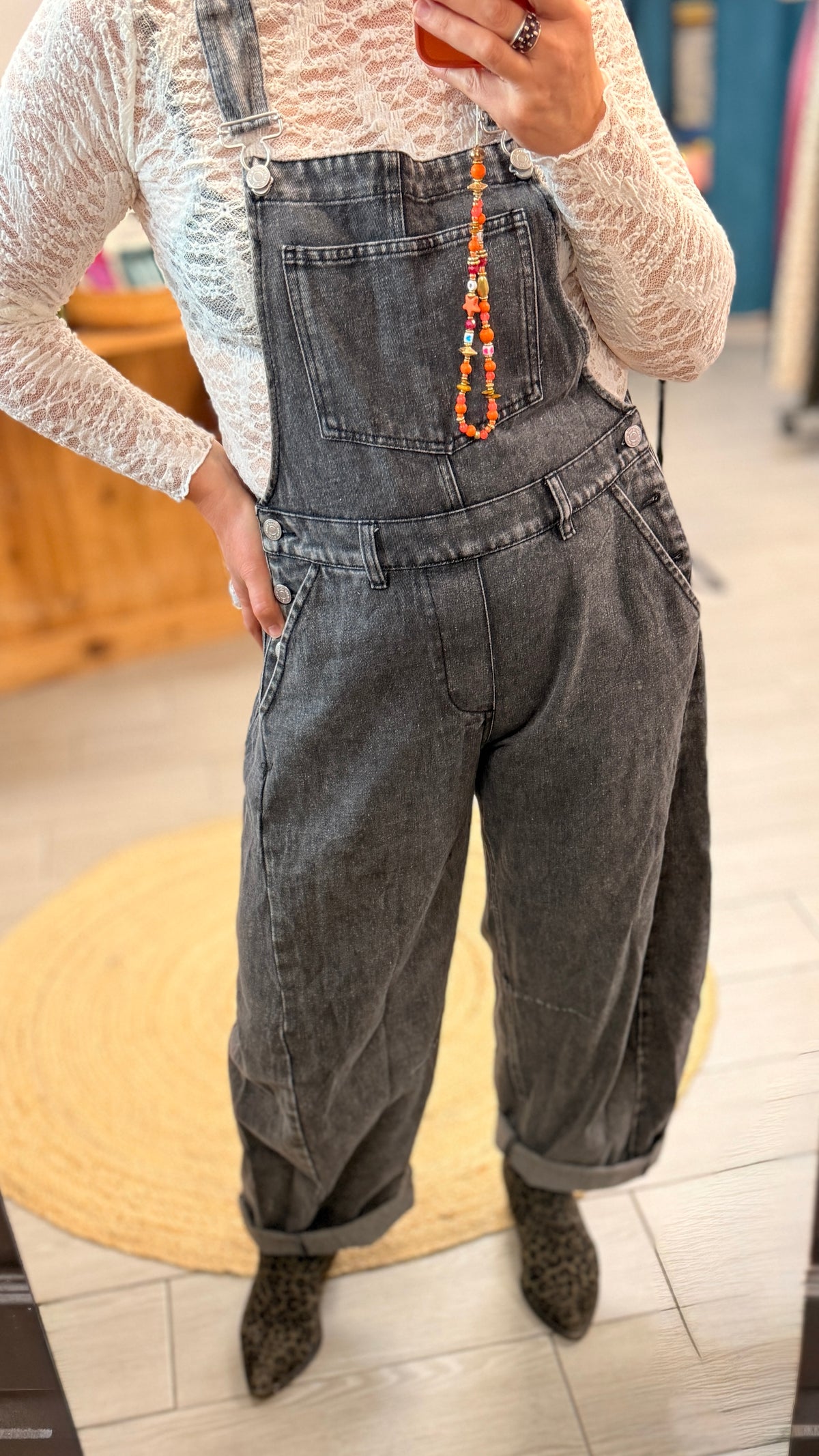 🩶Salopette Charline gris anthracite – En jean femme coupe barrel