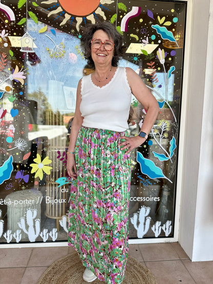 🌸 Jupe Flora longue verte & prune – Fluide & bohème