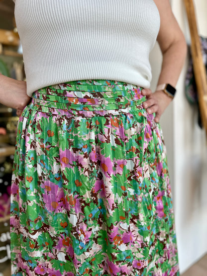 🌸 Jupe Flora longue verte & prune – Fluide & bohème