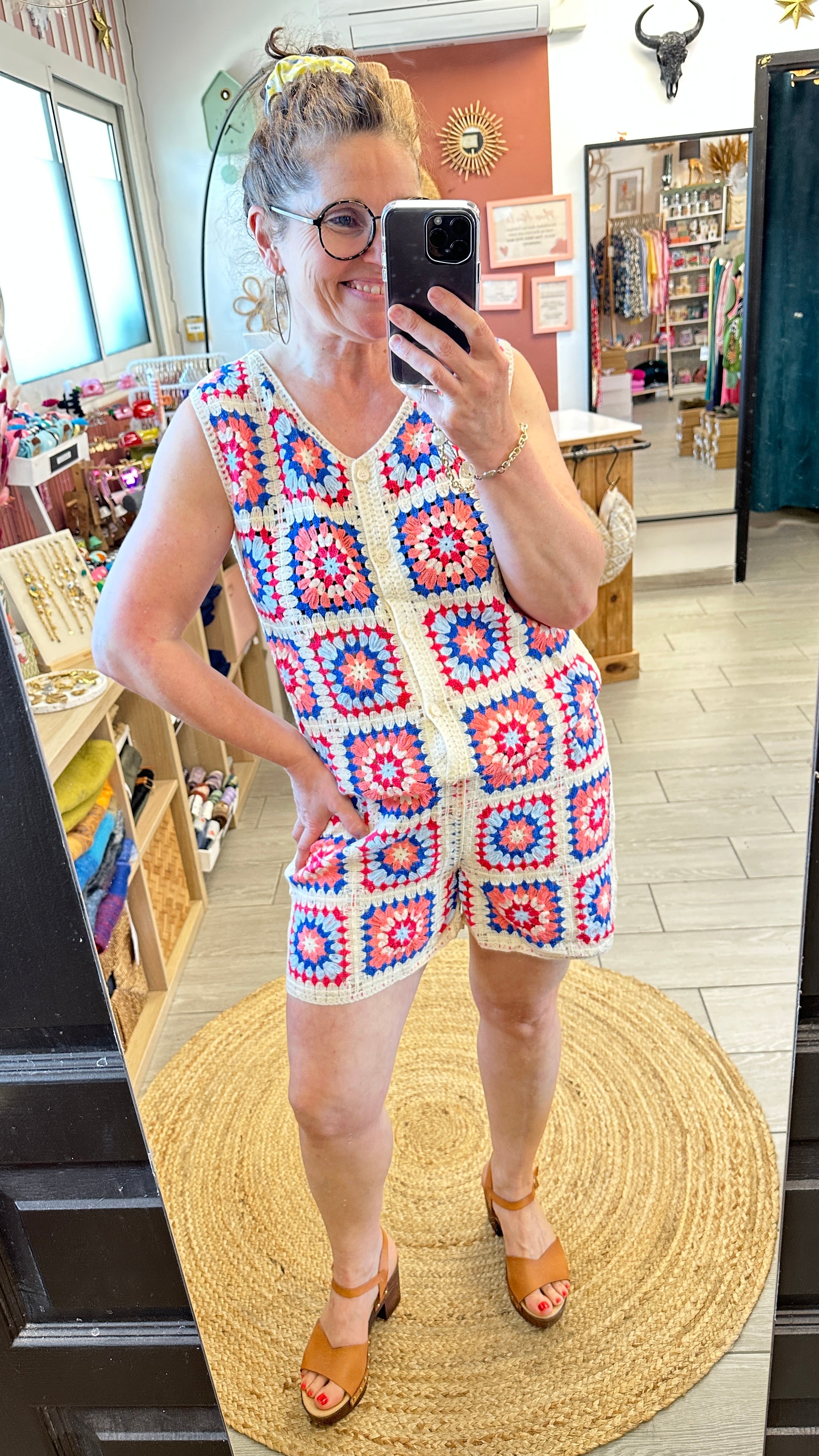 🧡 Pièce crochet bohème multicolore – Haut ou short