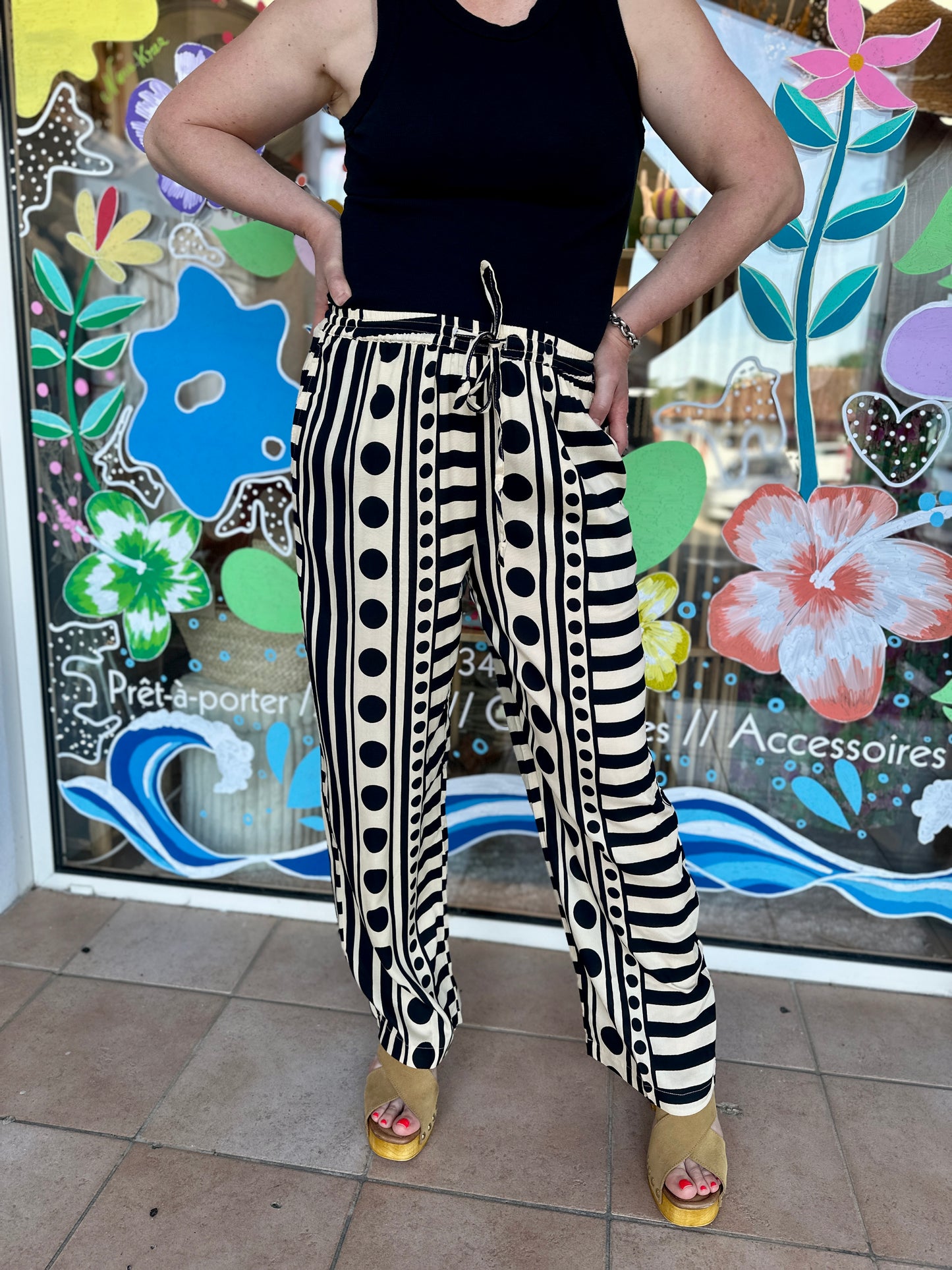 🖤Pantalon Pauline noir et beige – 100% Rayonne