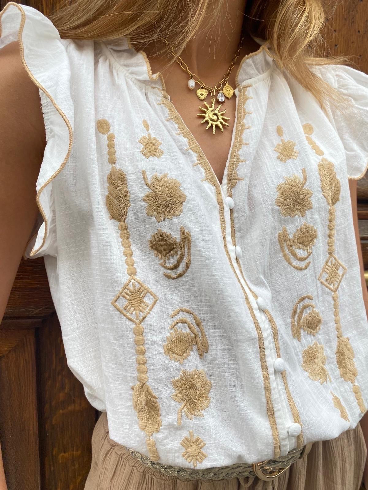 🤍 Blouse brodée beige – Élégance naturelle et détails raffinés