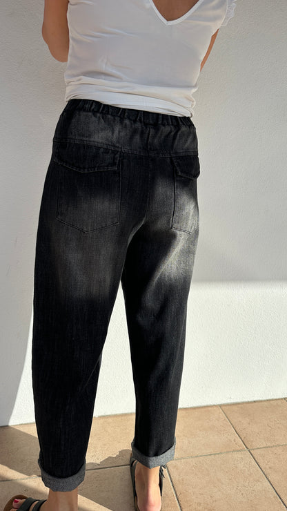 Vue de dos pantalon effet denim noir femme confortable – Abana 64310