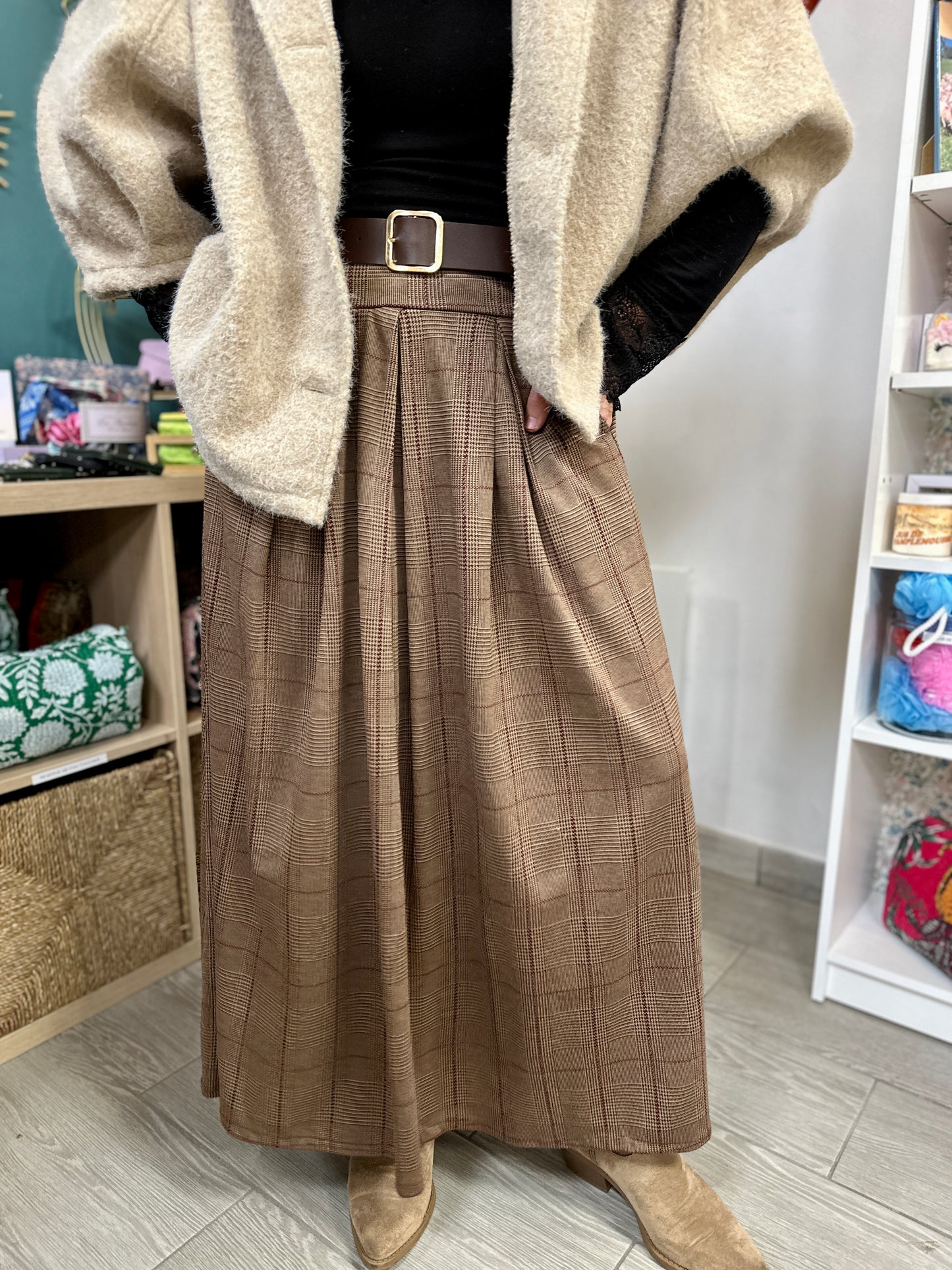 jupe longue prince de galles marron clair à carreaux - abana 64480