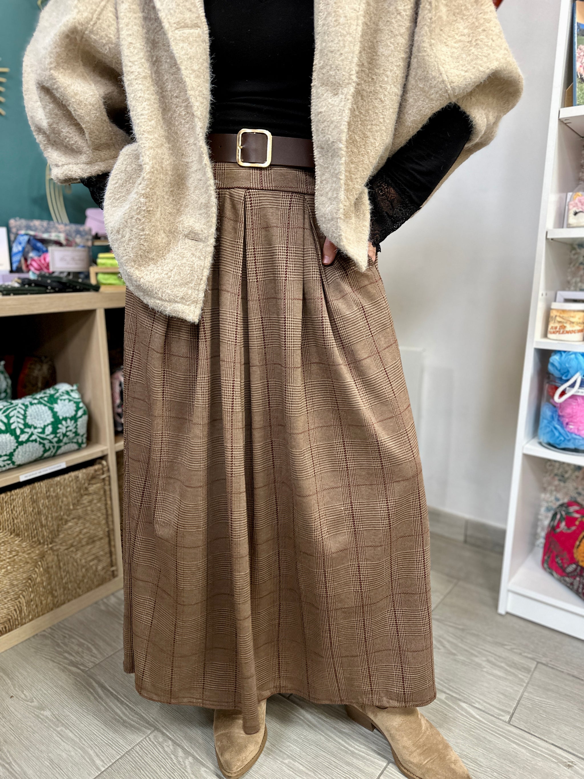 jupe longue prince de galles marron clair à carreaux - abana 64480