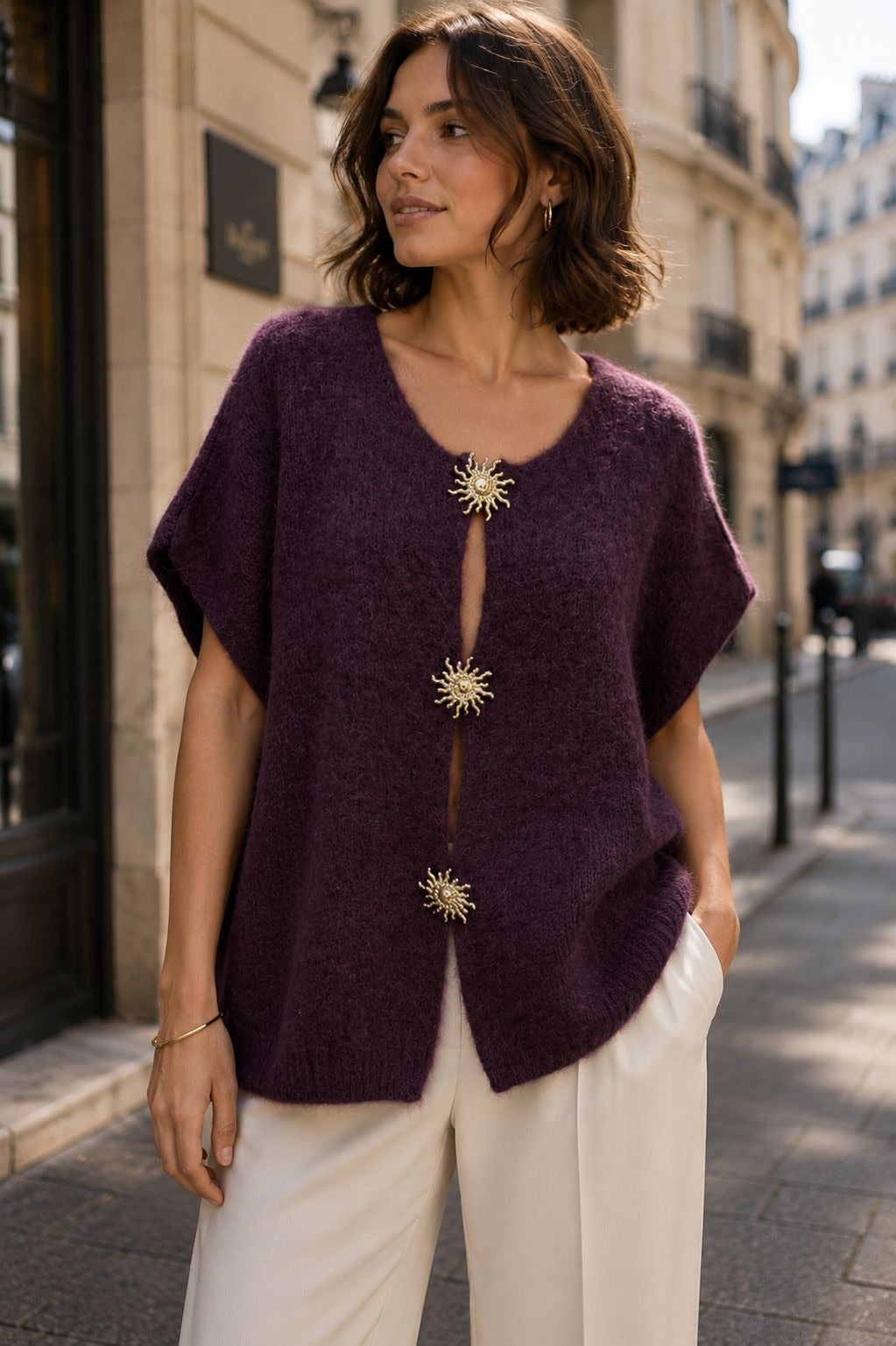 ☀️Gilet sans manches Margaux – Broche soleil, 12 coloris