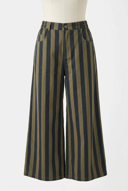 💚Pantalon Paloma – Rayé kaki en coton