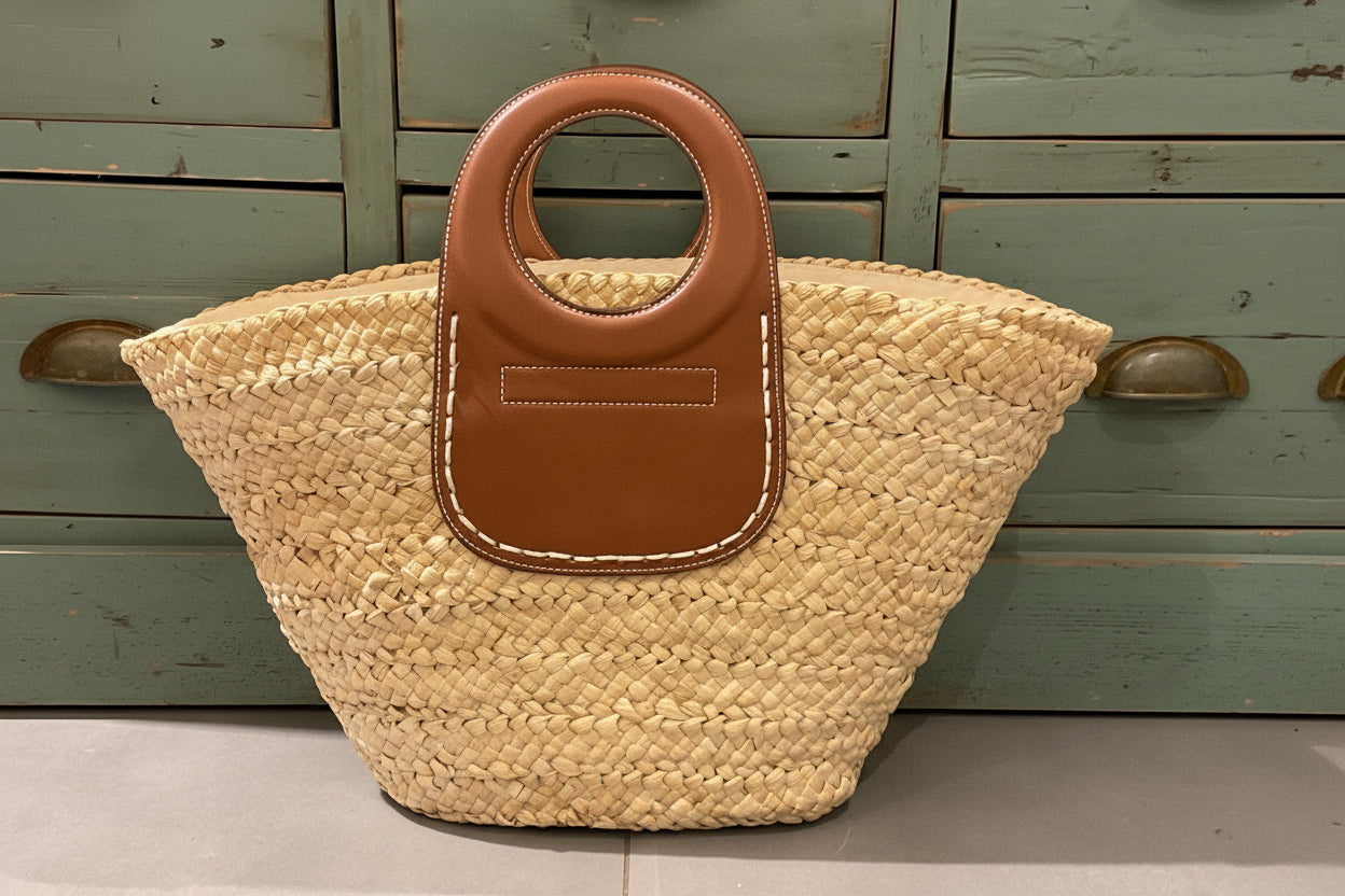panier en cuir et paille naturel lacanau