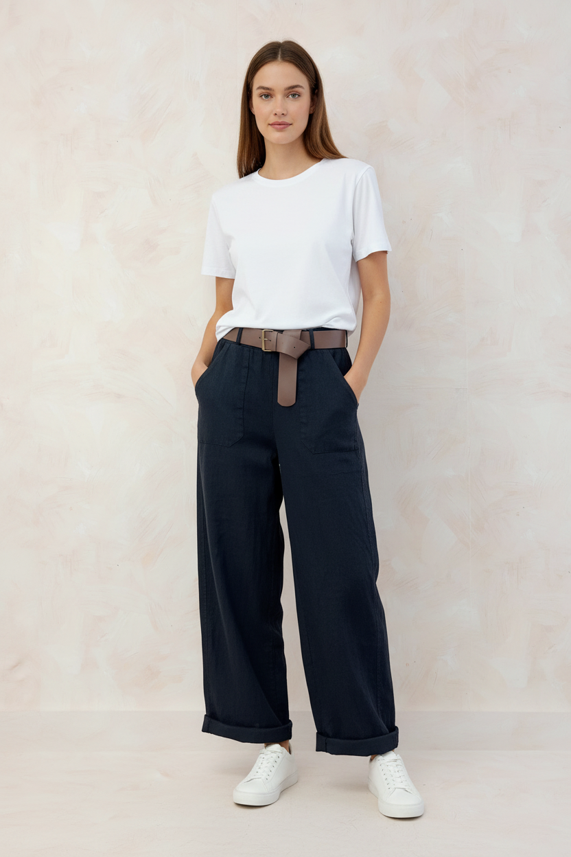 Pantalon noir femme coupe barrel, taille haute et jambe large arrondie - Abana 64480