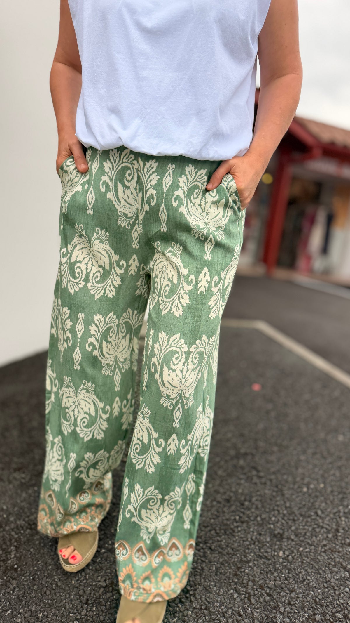 pantalon fluide droit vert motif blanc mode femme johanna paris orfeo paris tours lille 