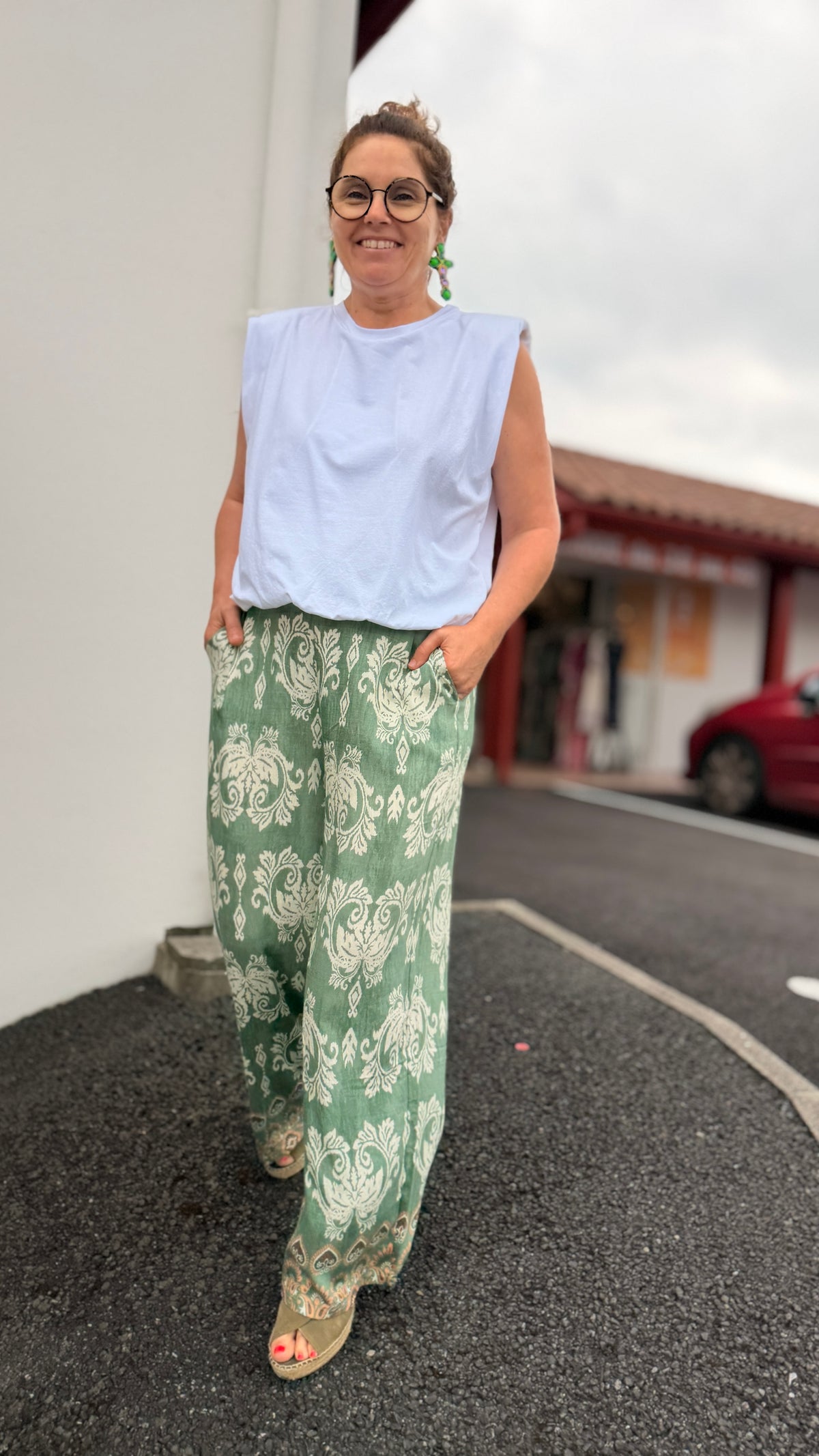 pantalon fluide vert a motif blanc mode femme christy lacaumy maelle nice rennes reims amiens