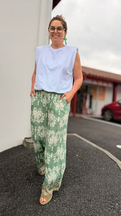 pantalon fluide vert a motif blanc mode femme christy lacaumy maelle nice rennes reims amiens