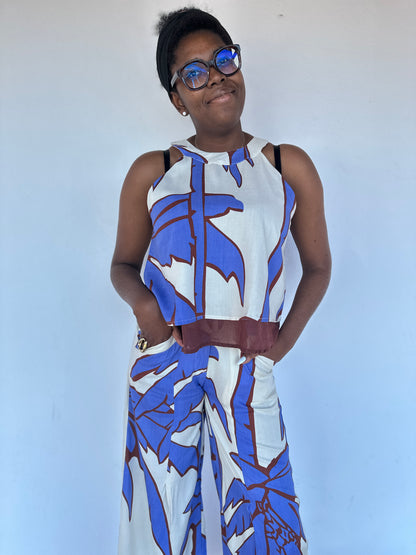 look complet ensemble feuille bleu et blanc avec top et pantalon c melodie agen