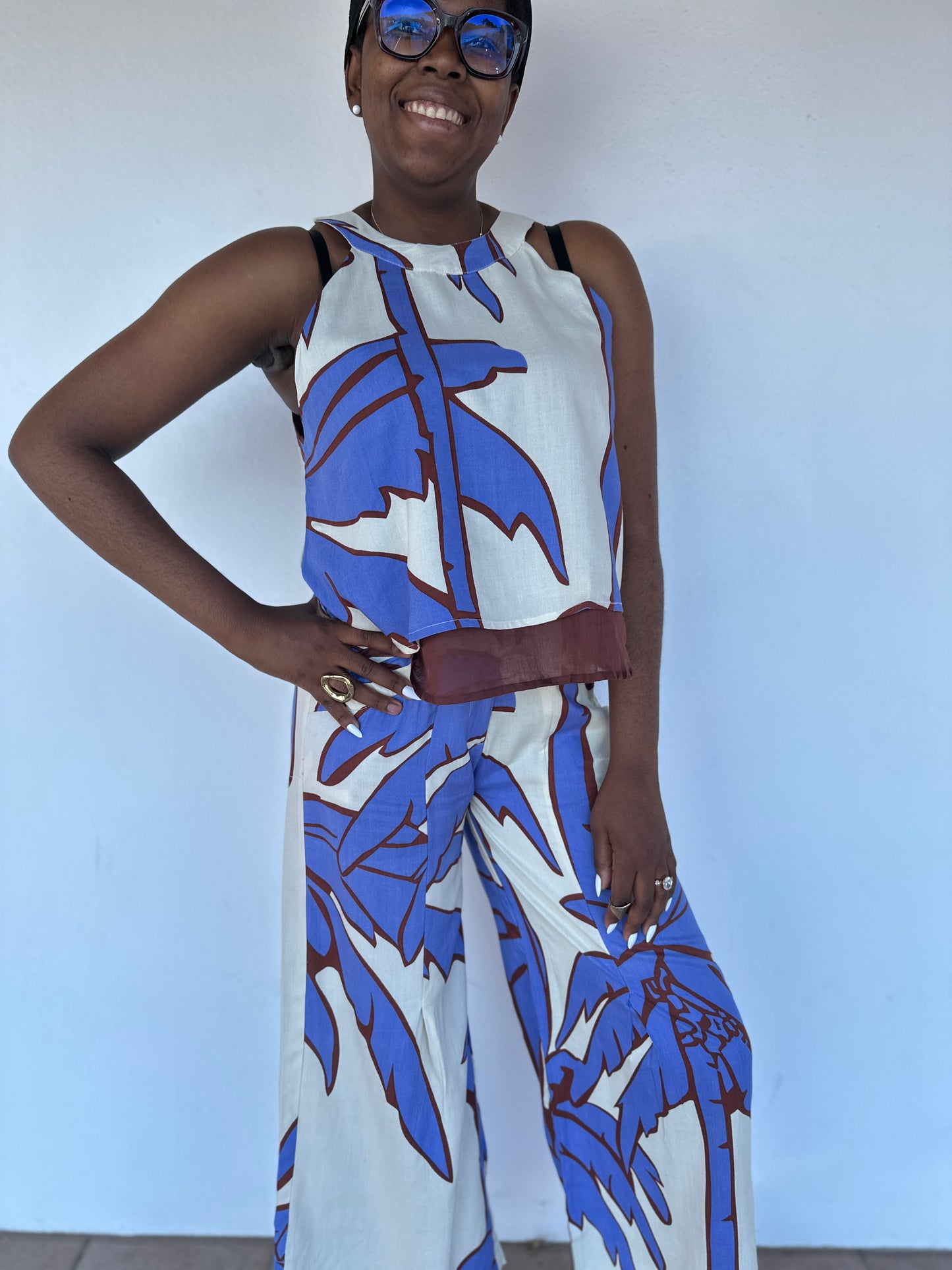 pantalon en rayon feuillage bleu et blanc isla bonita saint malo