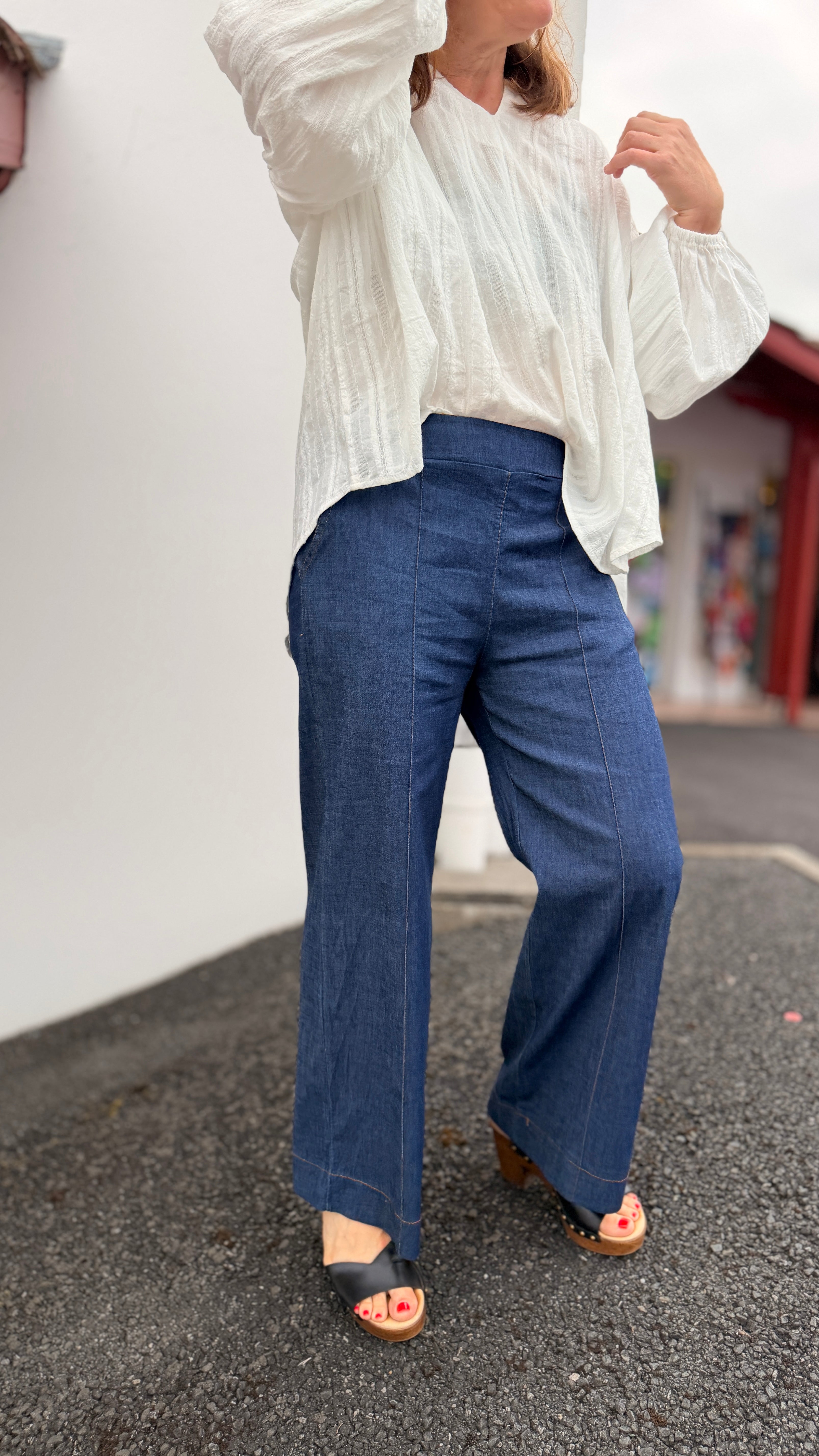 pantalon uni bleu effet jean taille elastique coupe droite nina carter april vintage rouen caen le havre évreux