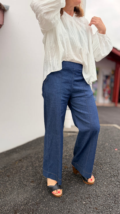 pantalon uni bleu effet jean taille elastique coupe droite nina carter april vintage rouen caen le havre évreux