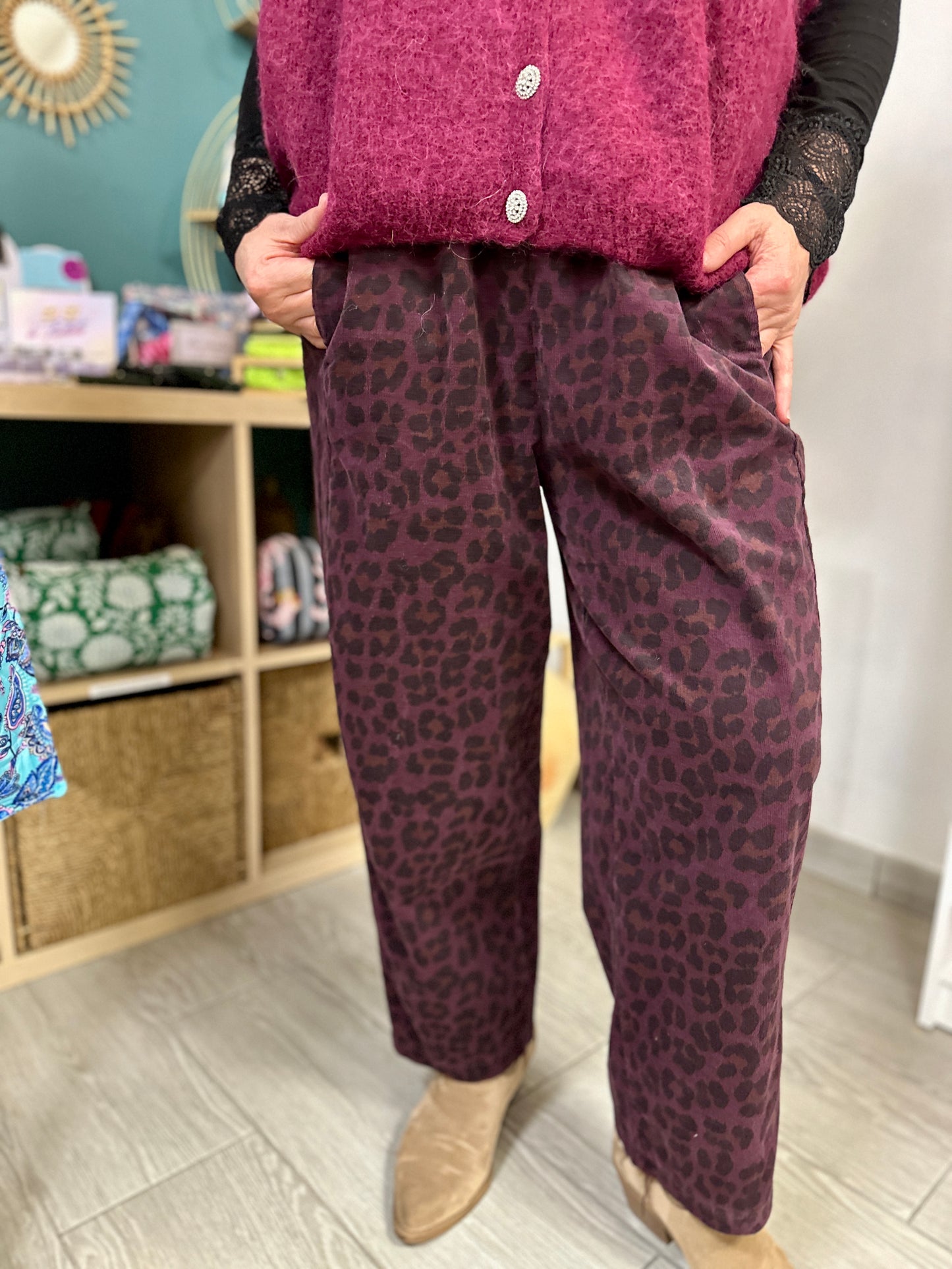 pantalon femme velours léopard prune - abana boutique 64480