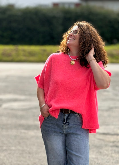 Haut en maille coupe droite rose électrique, doux et tendance - Abana 64990