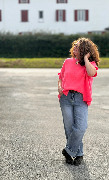 Top maille large rose corail parfait pour le printemps ou les soirées fraîches - Abana Boutique 64250