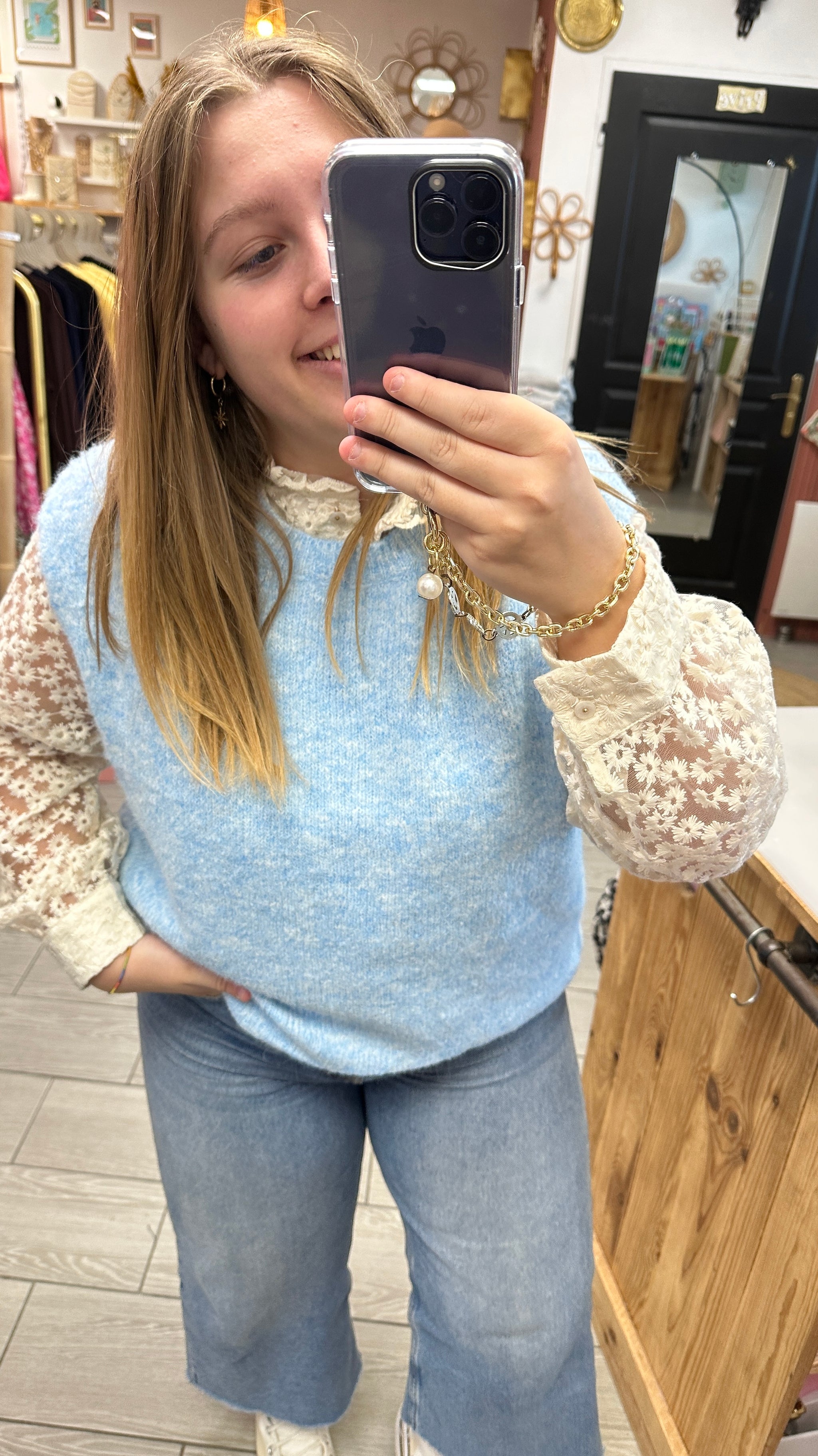 pull bleu clair sans manches maelle femme tarbes