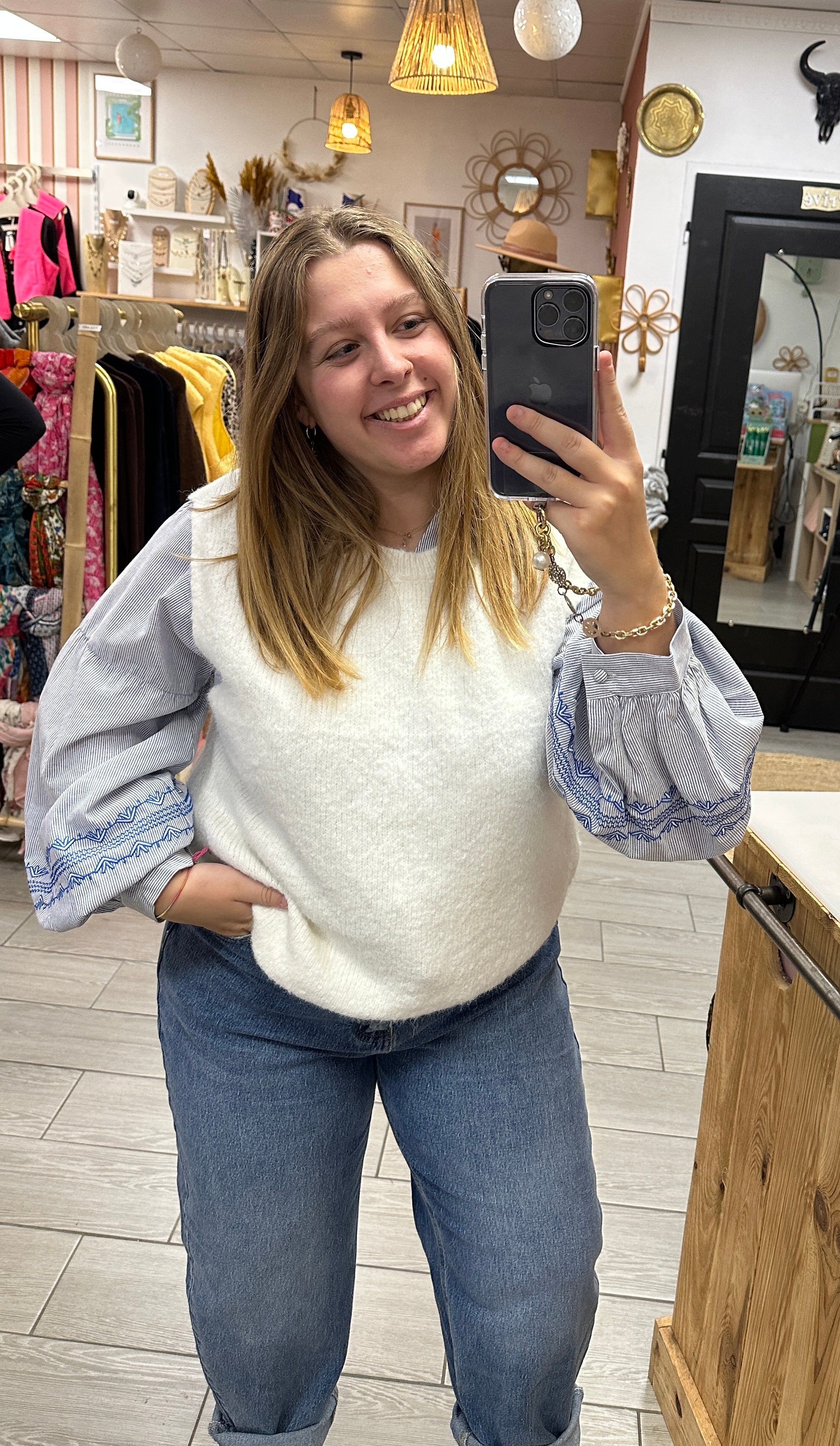 pull bleu ciel sans manches femme majolica mimizan