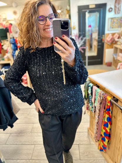 Pull noir à sequins femme col rond chic et élégant – Boutique Abana 64480