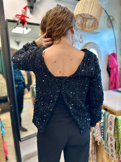 Pull femme noir à sequins doublé manches longues élégant - Abana 64240