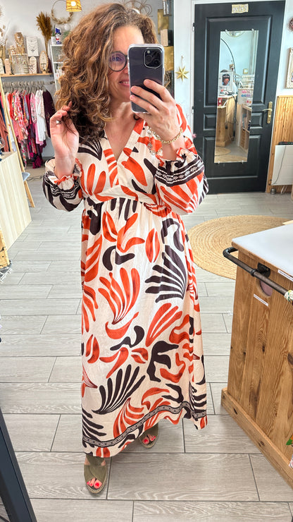 Robe longue ceinturée taille haute imprimé graphique tendance – Boutique Abana 64480