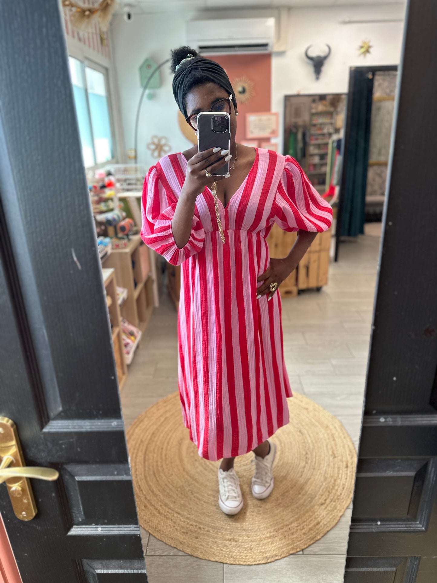 robe longue a rayure en gaze de coton rouge et rose longue taille unique du 36 au 42 adoré april vintage le mans