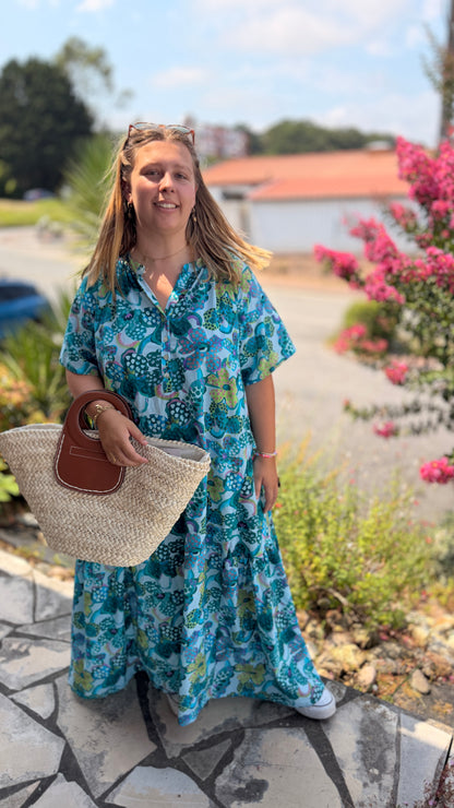 robe longue namrek by banditas from marseille imprimé bleu turquoise originale manches courtes mode femme banditas marseille aix en provence toulon bandol signes