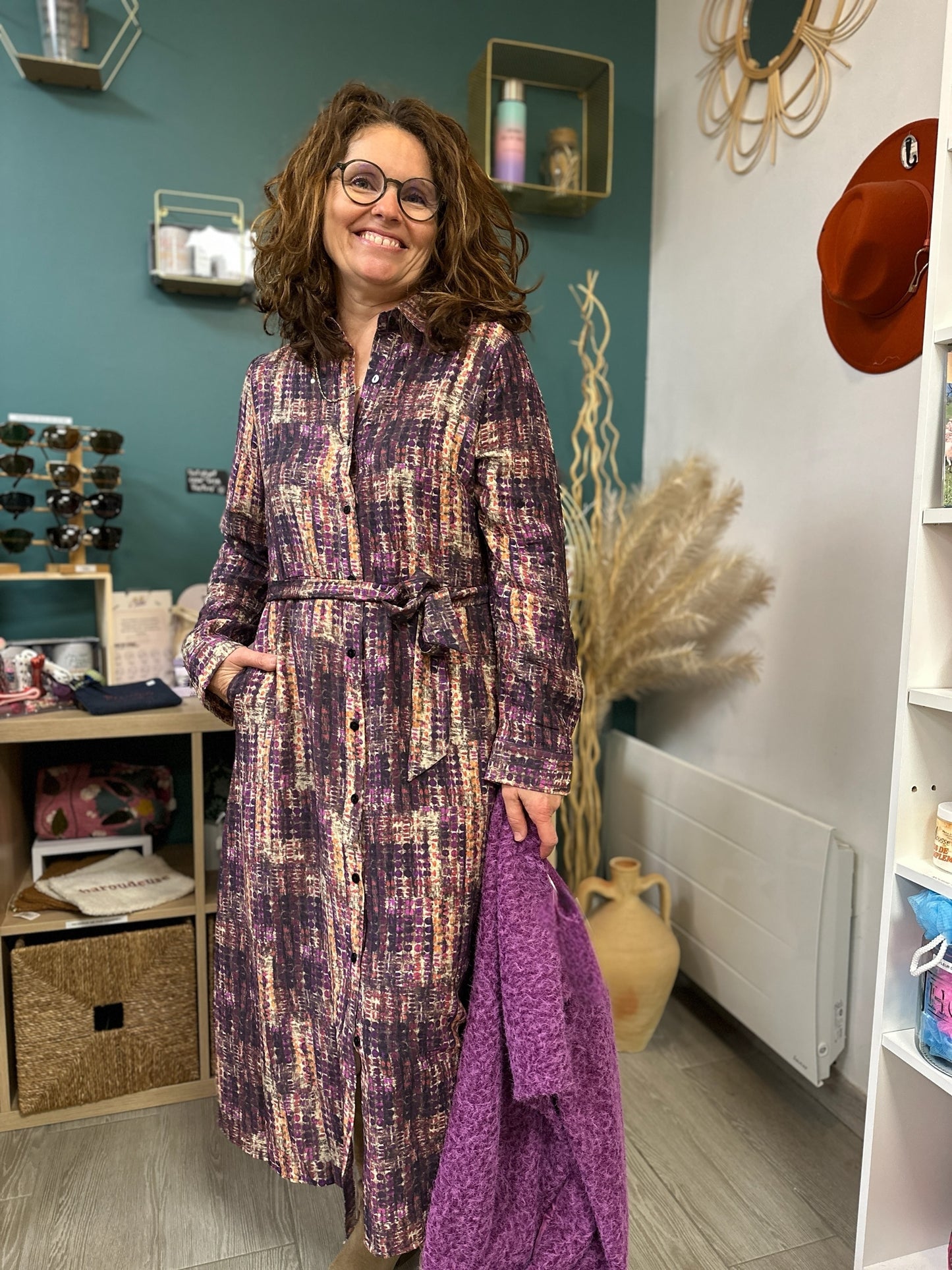 robe longue imprimée prune et camel avec ceinture - abana 64480