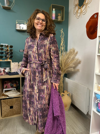 robe longue imprimée prune et camel avec ceinture - abana 64480