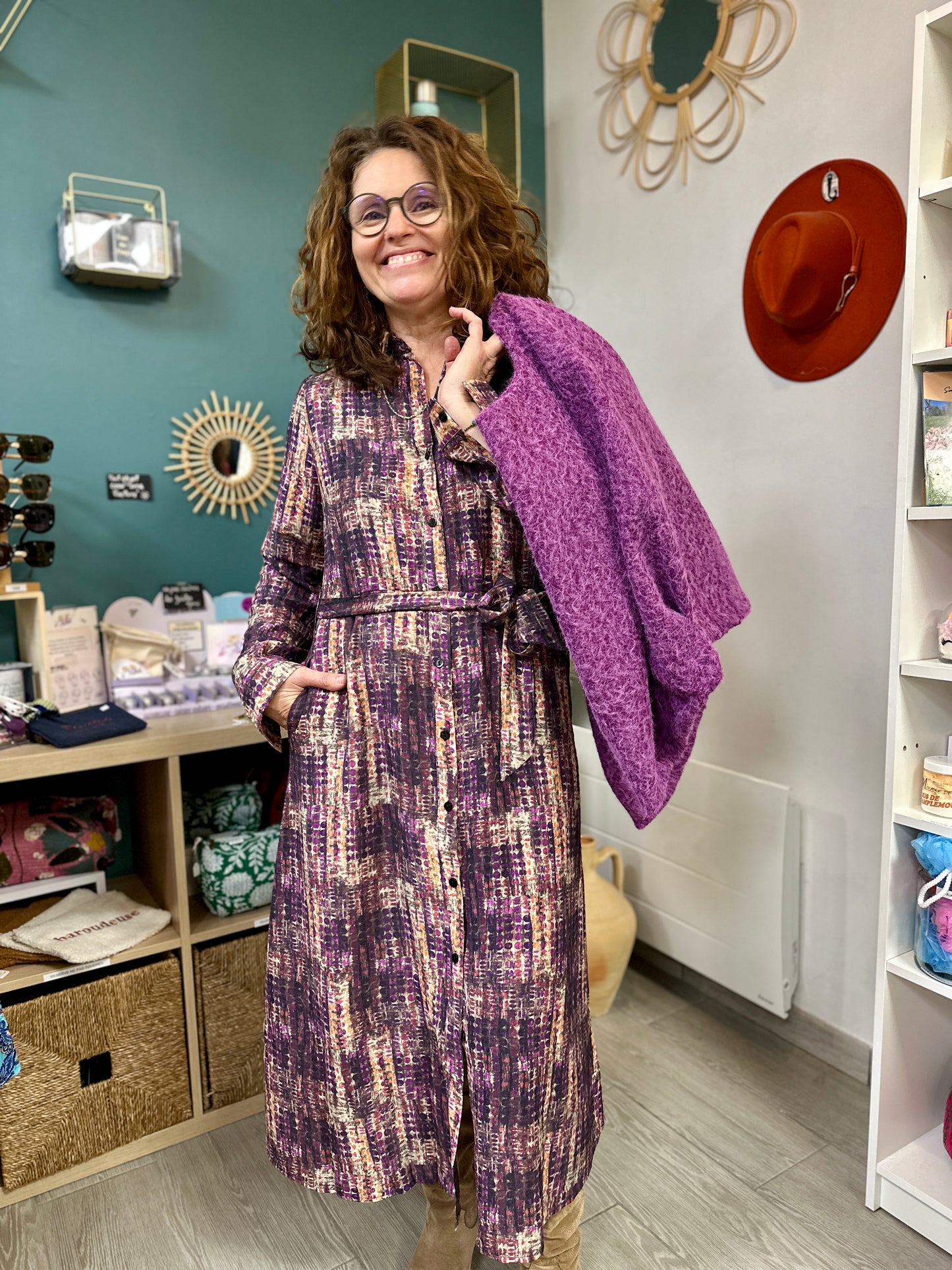 robe chemise automnale prune et camel - abana 64250