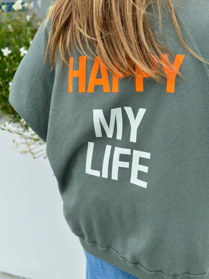 sweat mirach kaki pailette inscription au dos orange happy my lif banditas from marseille martigue salon de provence saint martin de crau