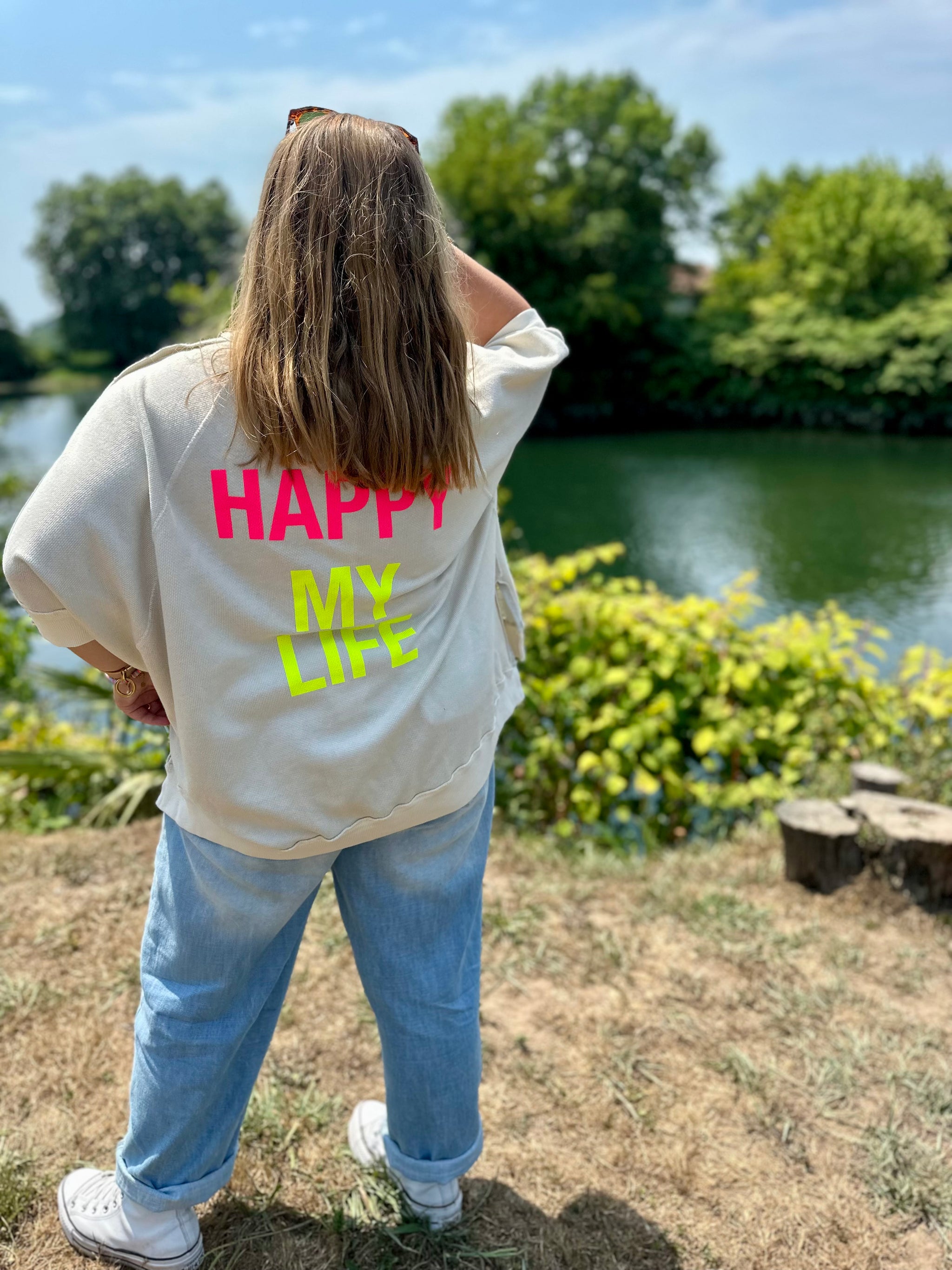 ecriture happy my life dos du sweat mirach ecru tendance oversize mode femme banditas from marseille pau tarbes lourdes orthez lescar