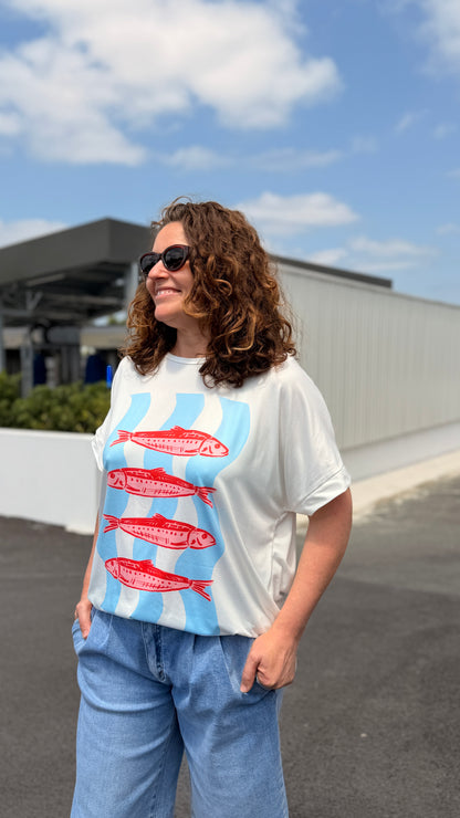 teeshirt sardine blanc a rayure bleu et sardine rouge oversize manche courte coton bandirtas from marseille idron pau tarbes lourdes