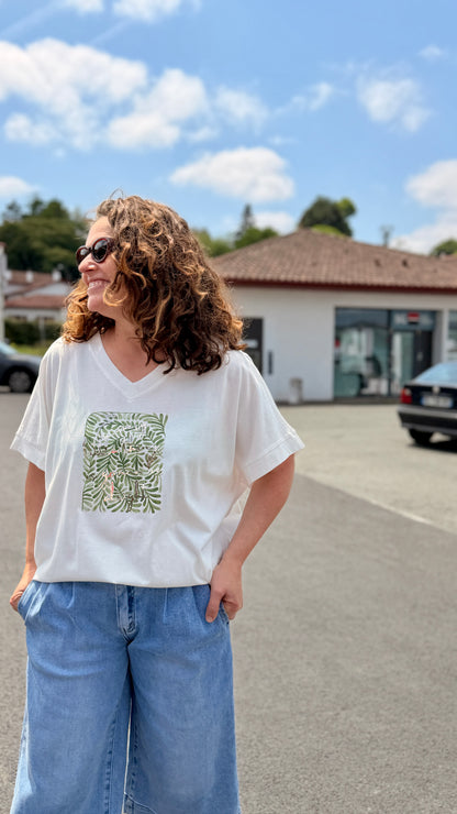 teeshirt blanc feuillage en col coton taille unique maelle christ castets soustons mimizan hossegor