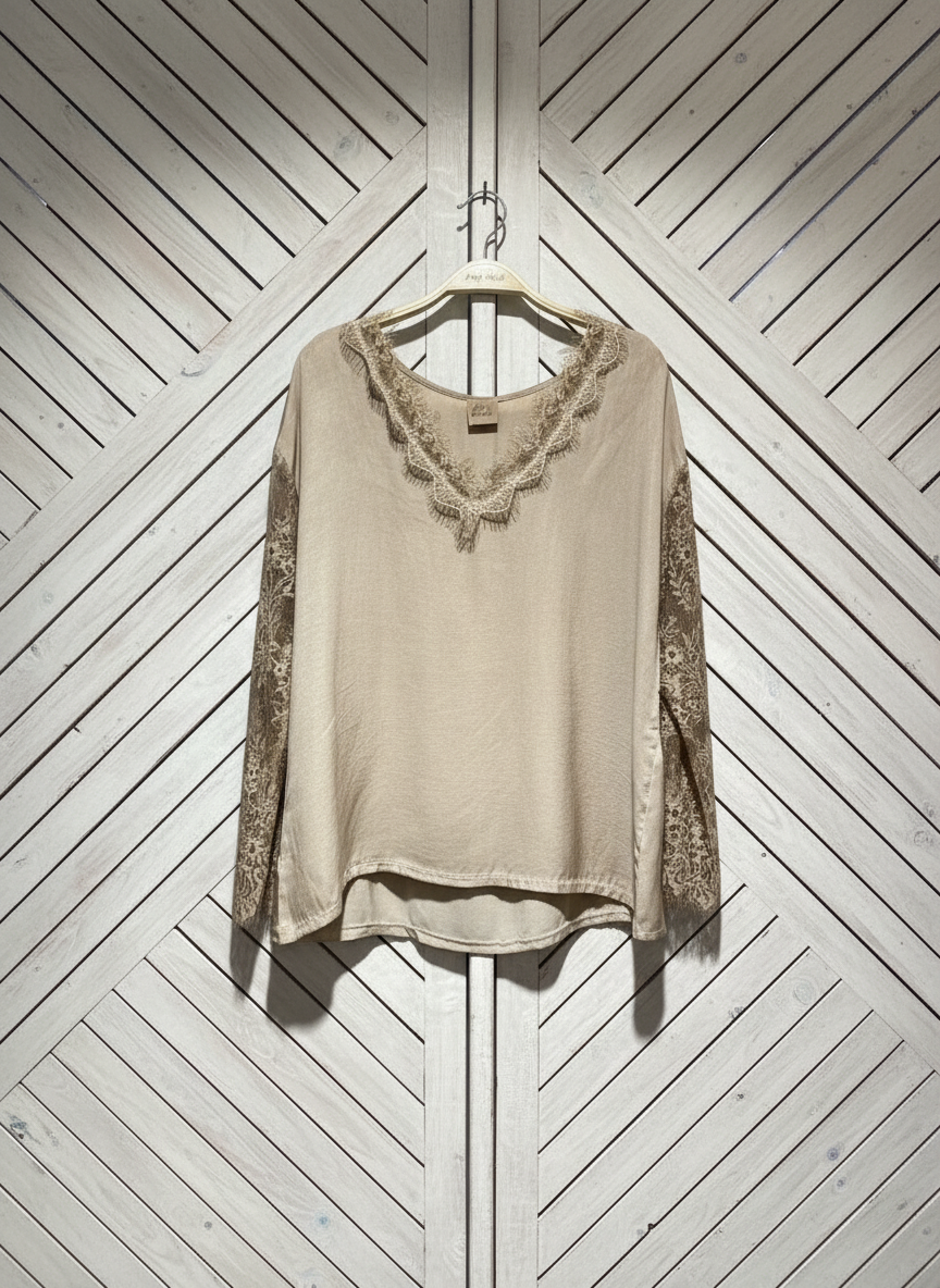 Top Dalia beige en viscose et dentelle - Abana 64480