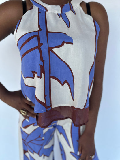 top elegant imprime bleu et blanc a toile leger isla bonita nantes