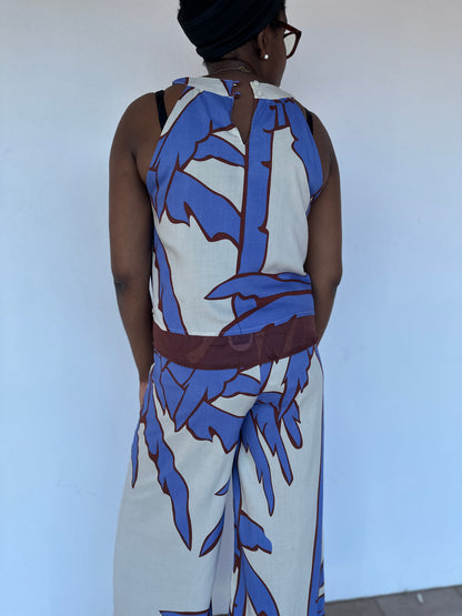ensemble look complet top et pantalon fluide bleu et blanc a feuillage april vintage tours rennes