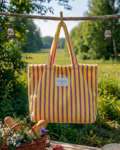 tote bag en eponge a rayure jaune et rose look estival daphnea bassin arcachon