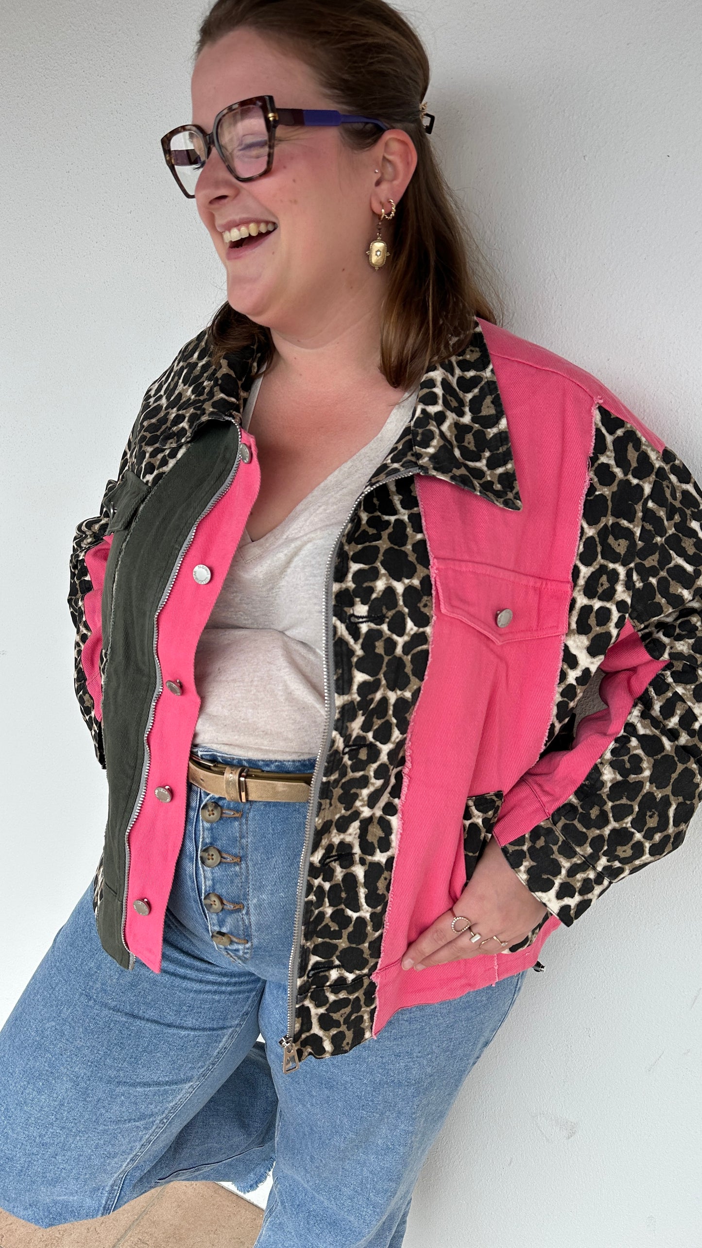 Veste Roxanne mix matières colorblock kaki rose et léopard – Boutique Abana 64480