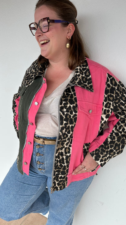 Veste Roxanne mix matières colorblock kaki rose et léopard – Boutique Abana 64480