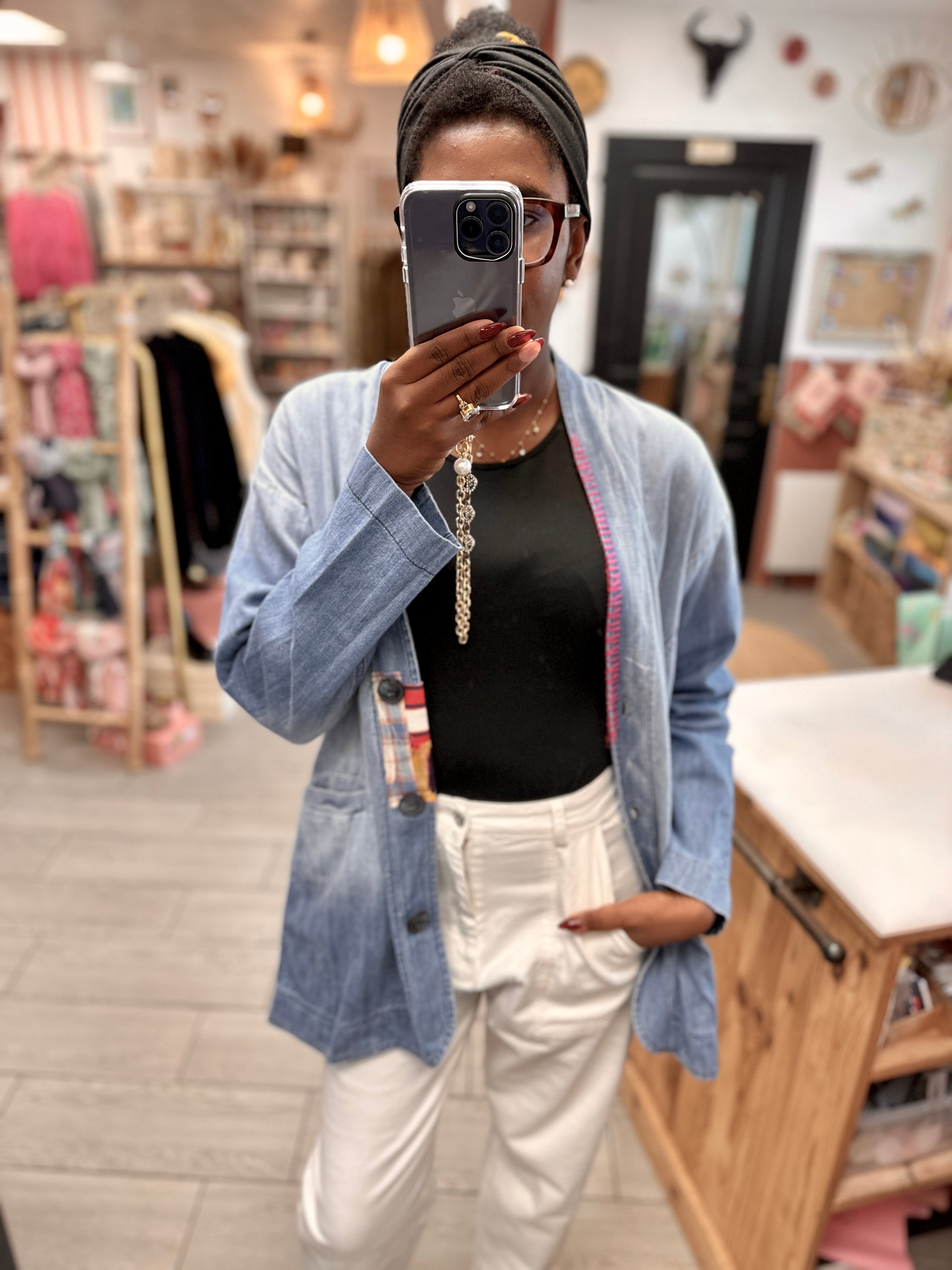 veste en denim bleu details cousu de couelur yulee banditas from marseille saint etienne